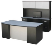 Black Laminate Milano Desk w/ Brushed Silver Modesty Shield & Matching Hutch & Credenza