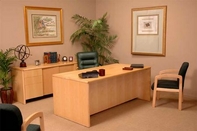 Aristo Desk, Credenza, Mid-Back Leather Chair, Fabric Guest Chairs