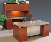 Titanium Cherry Base, Formica-Rosso Granite Top Desk, w/ Matching Hutch & Credenza, & Mesh Ergonomic Chair