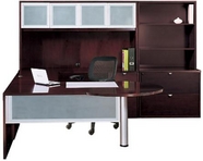 Walnut Finish Desk with Mid-Length Modesty Panel and Matching Hutch, Credenza, & Storage Unit