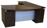 Walnut Finish L-Shaped Desk w/ Aluminum Laminate Modesty Shield
